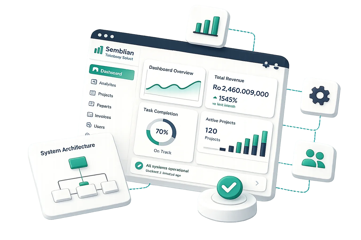 Ilustrasi dashboard ERP: penjualan, stok, produksi, dan proses bisnis dalam satu sistem